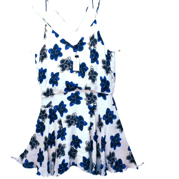 Milly Silk Dress Sz 14 NWT Blouson Tank Strappy Mini White Blue Floral Print - Picture 3 of 15